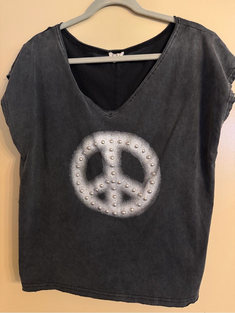 POL Washed Black V-Neck Tee with Studded Peace Graphic